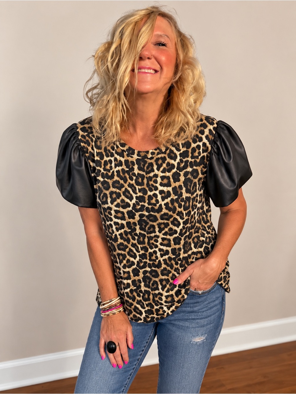 MICHAEL Michael Kors Leopard Print Faux Leather Puff Sleeve Top L